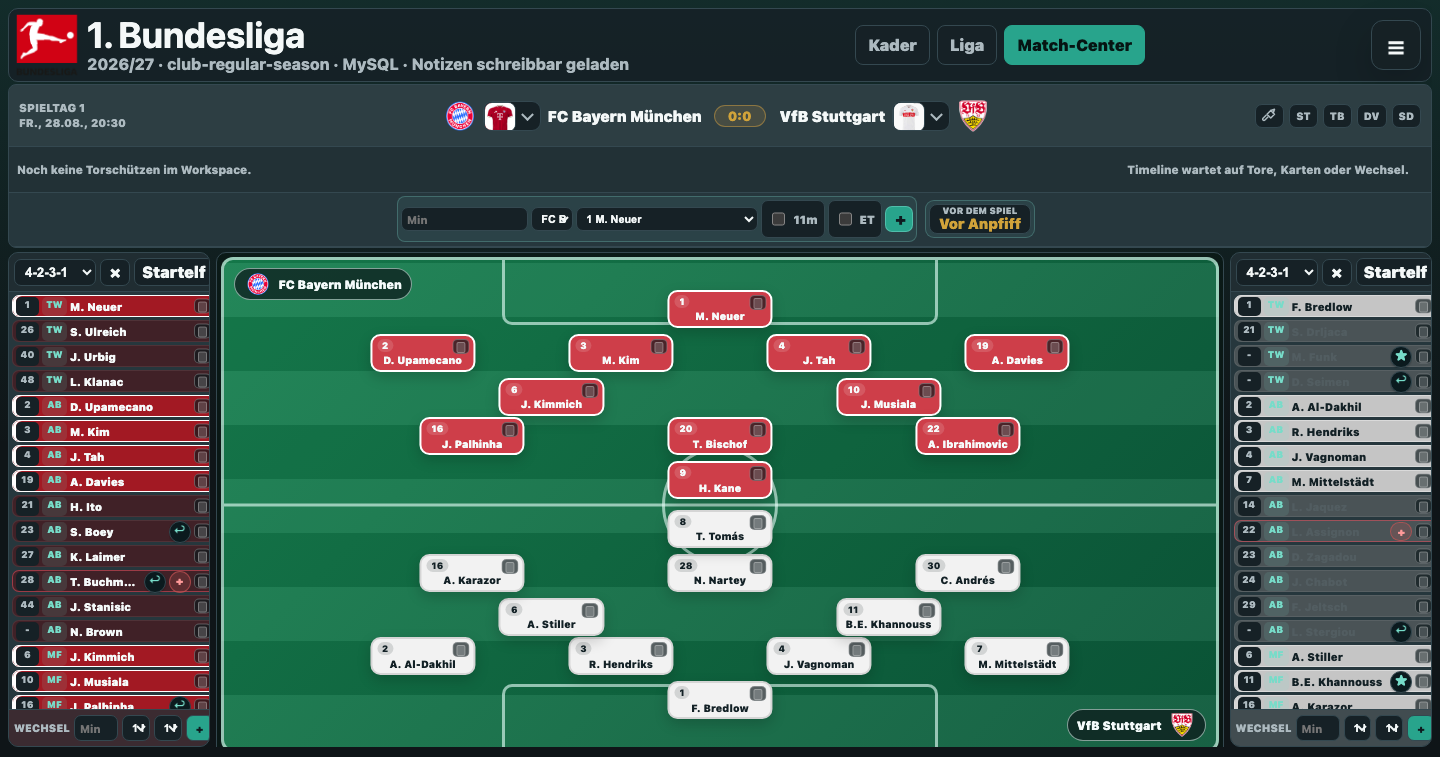 Echte Match-Center-Ansicht mit Aufstellungen und Spielfeld