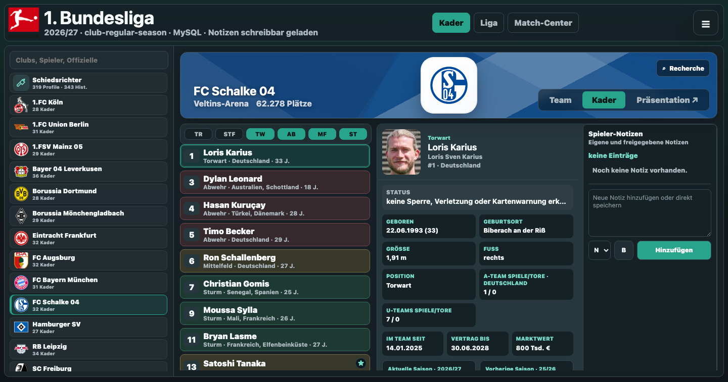 Echte Schalke-Kaderansicht im Dunkelmodus